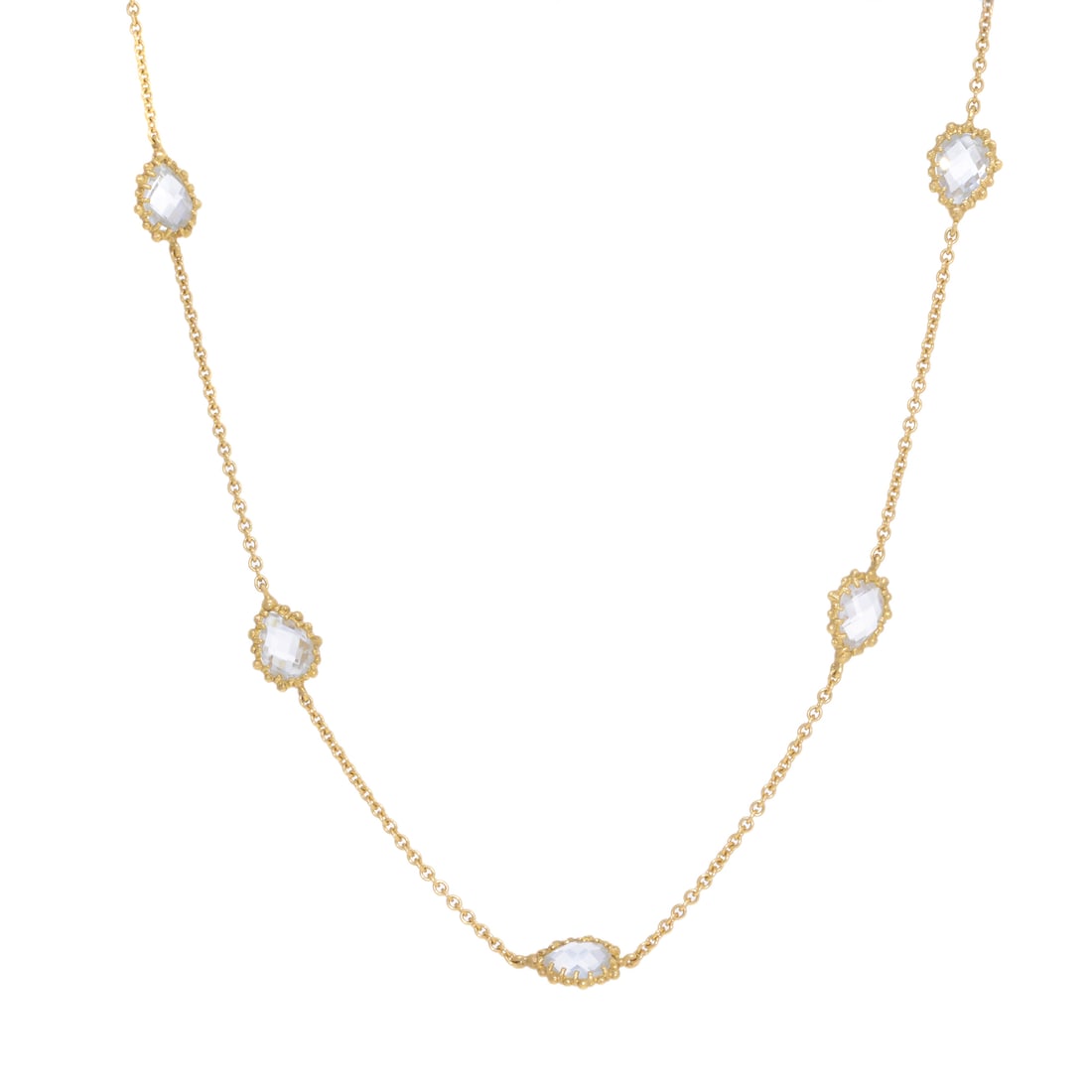 Rachel Koen 14k Yellow Gold Necklace with 7 White Quartz Stones 16 Inches: Rachel Koen 14k Yellow Gold Necklace with 7 White Quartz Stones 16 Inches This elegant necklace by Rachel Koen features a stunning design crafted from 14k yellow gold and adorned with seven oval-cut w