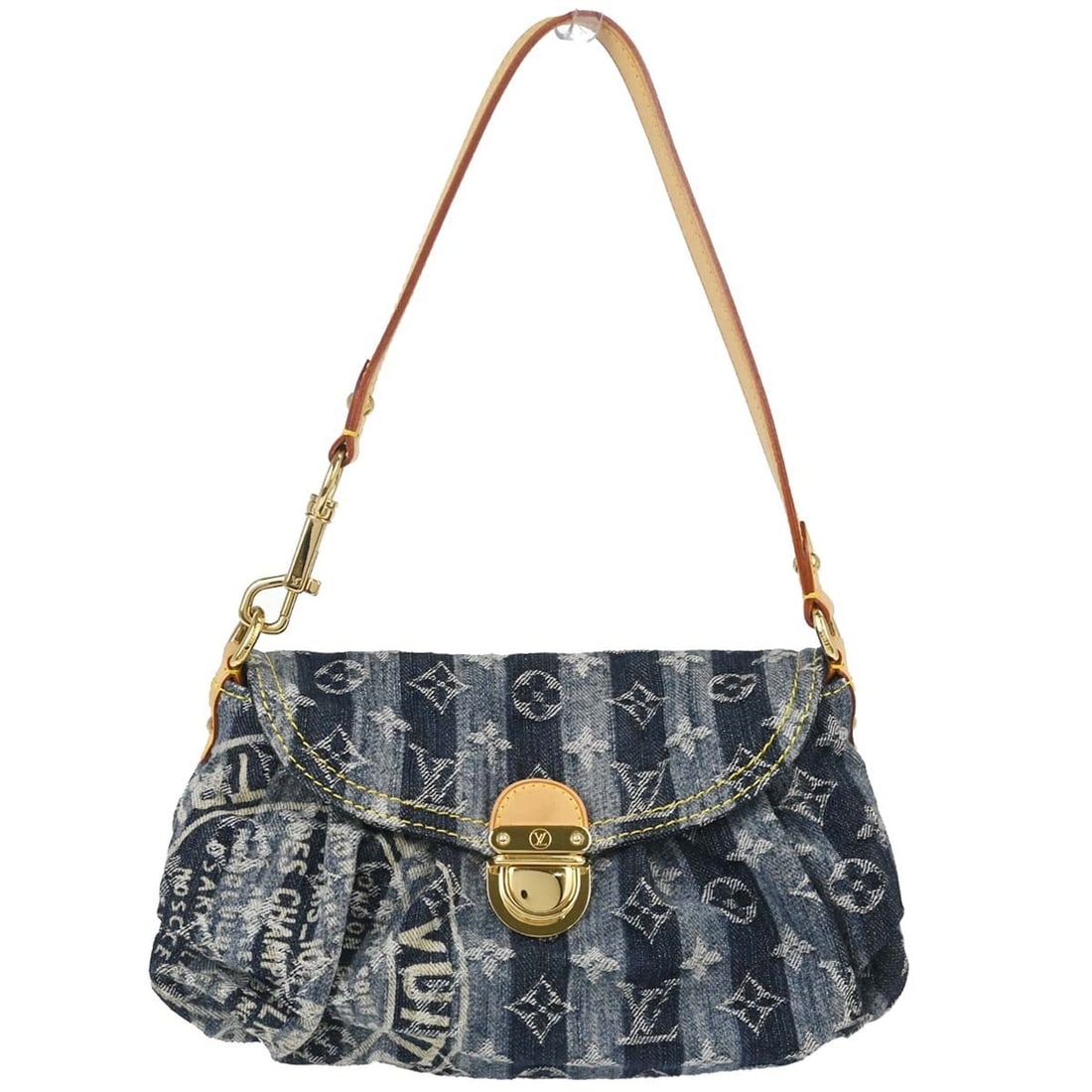 Louis Vuitton Mini Pleaty Blue Monogram Denim Top Handle Bag M95333: Louis Vuitton Mini Pleaty Blue Monogram Denim Top Handle Bag M95333 Louis Vuitton Mini Pleaty Raye handbag in blue Monogram denim canvas with leather trim. This small top-handle bag features a clasp c