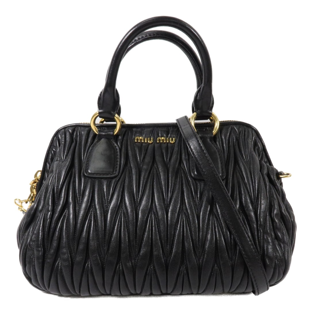 Miu Miu lambskin 2 way shoulder bag black with strap: Miu Miu lambskin 2 way shoulder bag black with strap A Miu Miu 2-way shoulder bag in black lambskin leather with gold-tone hardware. It features a handle and shoulder strap for versatile carry options