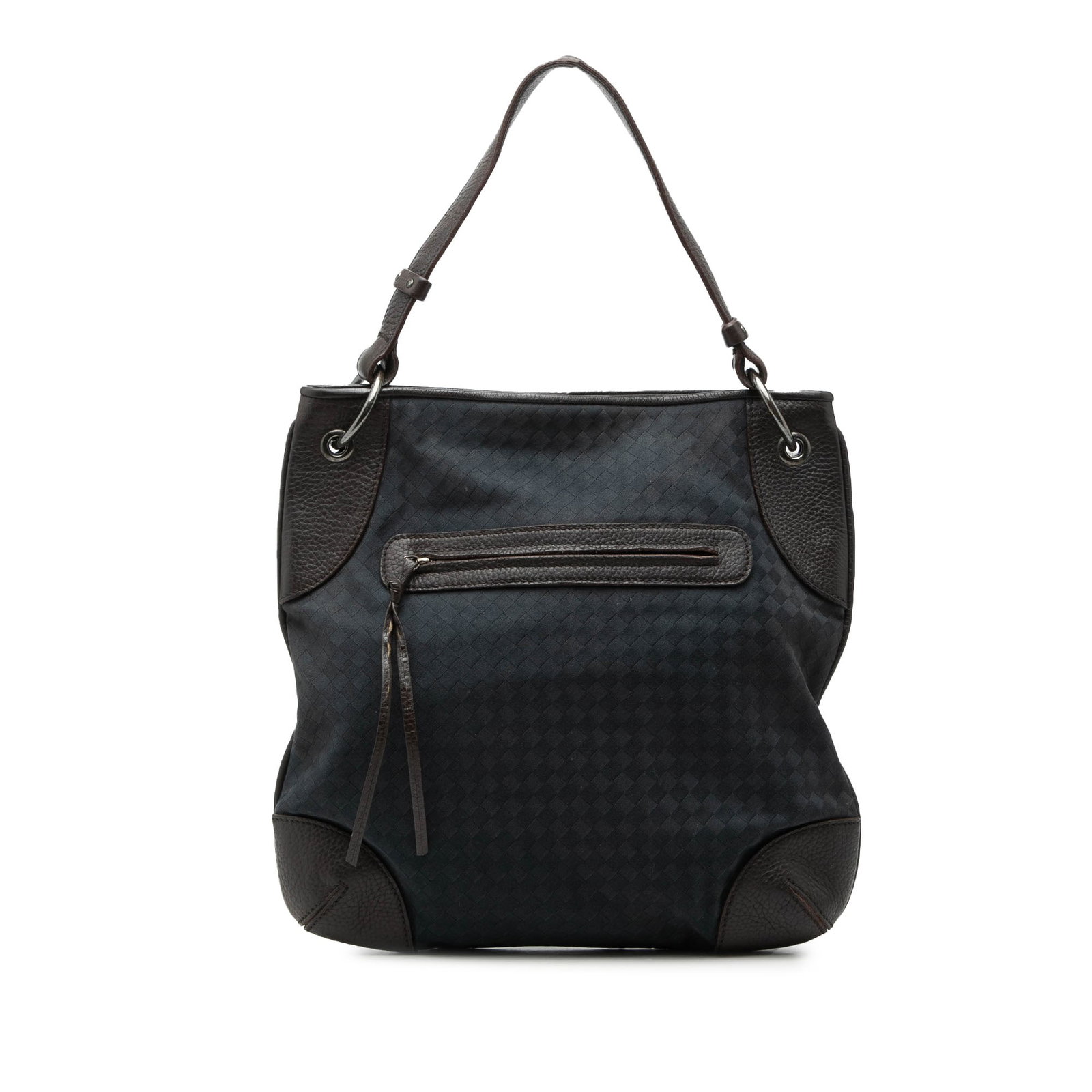 Blue Bottega Veneta Intrecciato hobo bag canvas leather trim: Blue Bottega Veneta Intrecciato hobo bag canvas leather trim This hobo bag is made with a woven canvas body and leather trim, and features a flat leather strap, top zip closure, an exterior front zip 