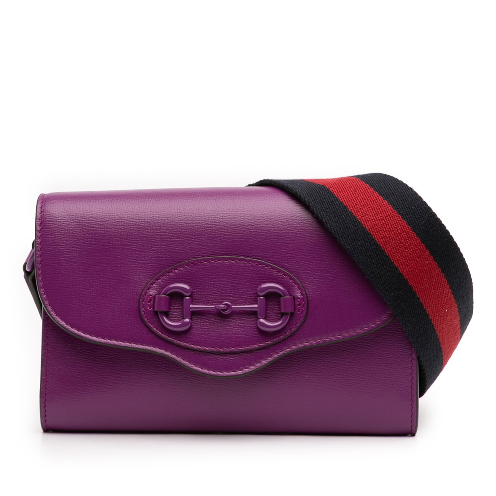 Gucci Horsebit 1955 Mini Crossbody Bag in Purple Leather with Web Strap: Gucci Horsebit 1955 Mini Crossbody Bag in Purple Leather with Web Strap This Gucci Mini Leather Horsebit 1955 Web Crossbody bag features a purple leather body, a flat canvas strap, a front flap with a