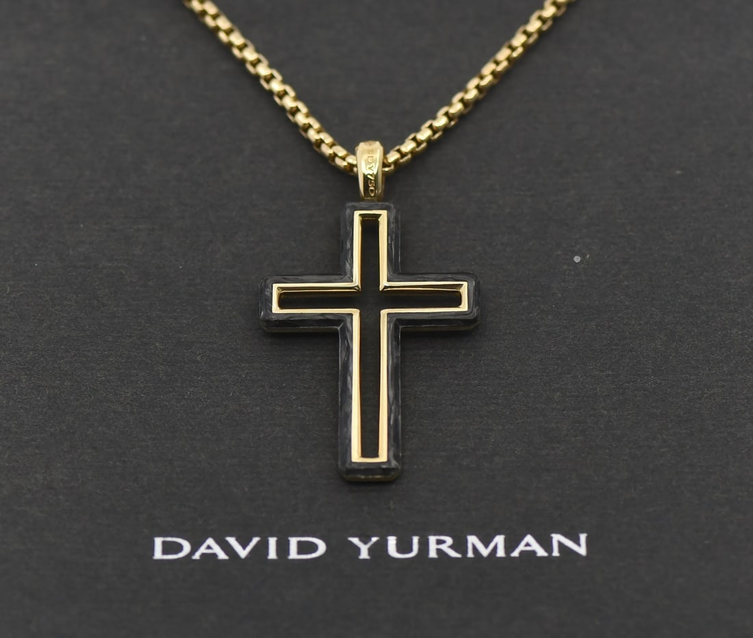 David Yurman Forged Carbon Cross Pendant Necklace 18K Yellow Gold (1 of 5)