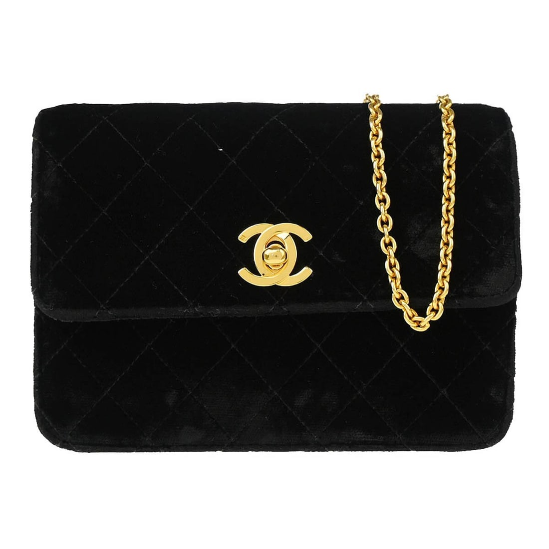 CHANEL Single Chain Shoulder Bag Black Velvet Flap Turnlock: CHANEL Single Chain Shoulder Bag Black Velvet Flap Turnlock Chanel flap chain shoulder bag in black velvet with a matelasse quilted design and turnlock flap closure. This small shoulder bag features a