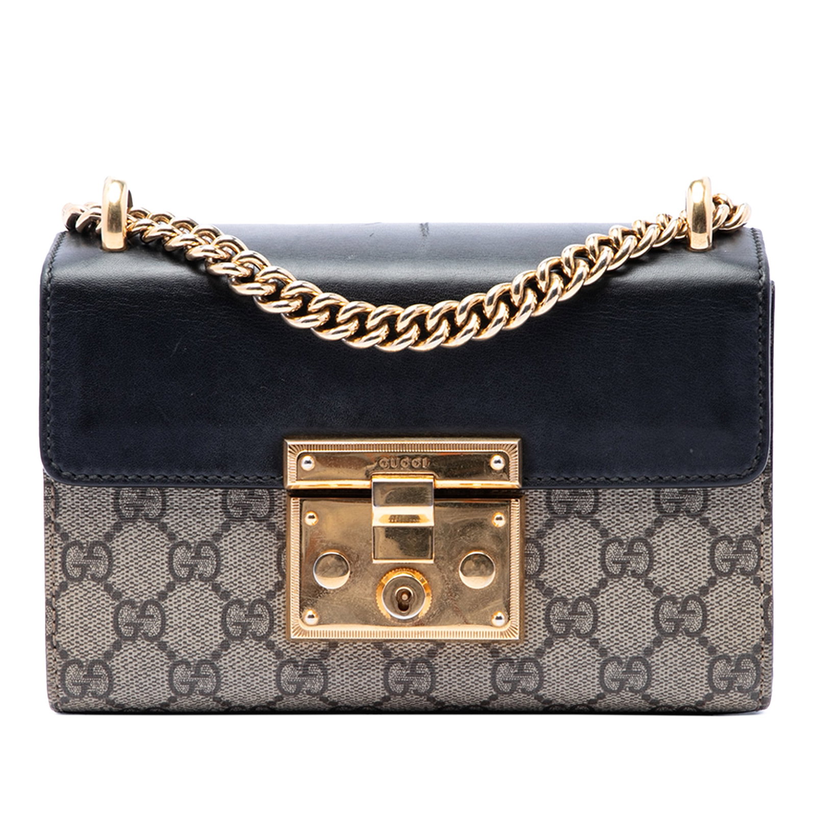 Gucci Padlock Small GG Supreme Crossbody Bag Beige: Gucci Padlock Small GG Supreme Crossbody Bag Beige Gucci Small GG Supreme Padlock Crossbody in beige with a coated canvas body and gold-tone curb chain link strap. The design features a front flap wit