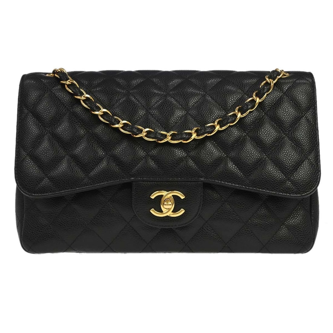 CHANEL Classic Double Flap Jumbo Shoulder Bag Black Caviar Leather: CHANEL Classic Double Flap Jumbo Shoulder Bag Black Caviar Leather Chanel Jumbo Classic Double Flap shoulder bag in black calfskin leather, made in Italy. It features a turn lock closure, shoulder str