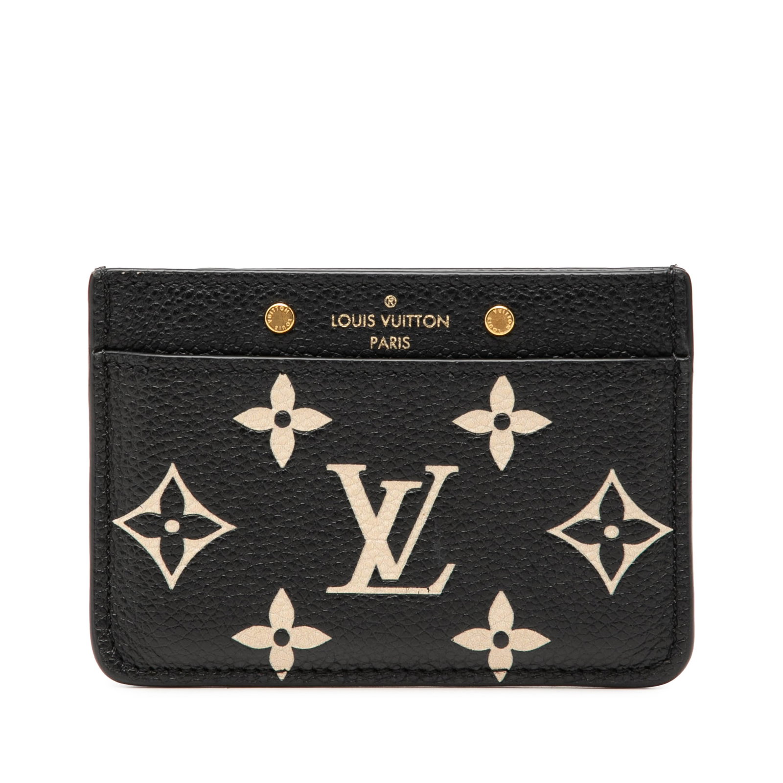 Louis Vuitton Monogram Empreinte Leather Card Holder Black: Louis Vuitton Monogram Empreinte Leather Card Holder Black Compact card holder in black leather with a monogram empreinte body, open top, and exterior card slots. Made in France and presented in B+ co