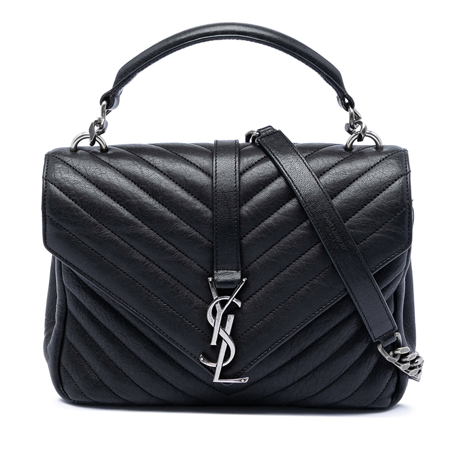Saint Laurent College Medium Black Chevron Sheepskin Satchel (1 of 6)