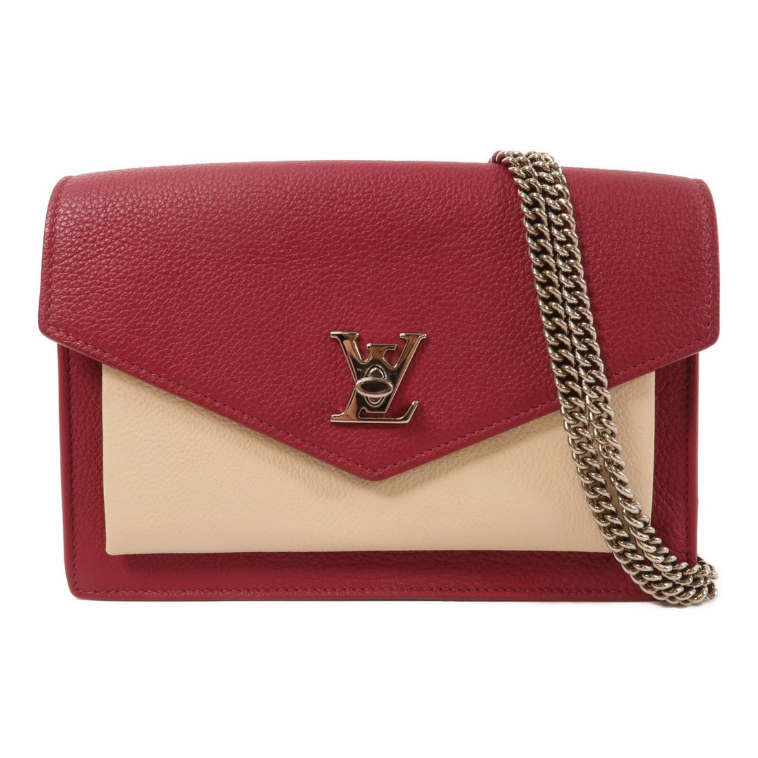 Louis Vuitton Pochette Lockme Red Calfskin Chain Shoulder Bag M63470: Louis Vuitton Pochette Lockme Red Calfskin Chain Shoulder Bag M63470 Red Louis Vuitton Pochette Lockme Chain Shoulder Bag, model M63470, made from calfskin (cowhide) leather. This women's shoulder bag