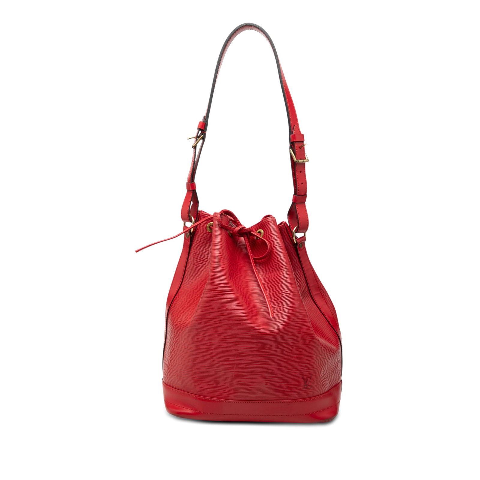 Louis Vuitton Epi Noe GM Red Leather Bucket Bag: Louis Vuitton Epi Noe GM Red Leather Bucket Bag Louis Vuitton Epi Noe GM bag in red leather, made in France. It features an adjustable flat strap and an open top with drawstring closure. The bag shows