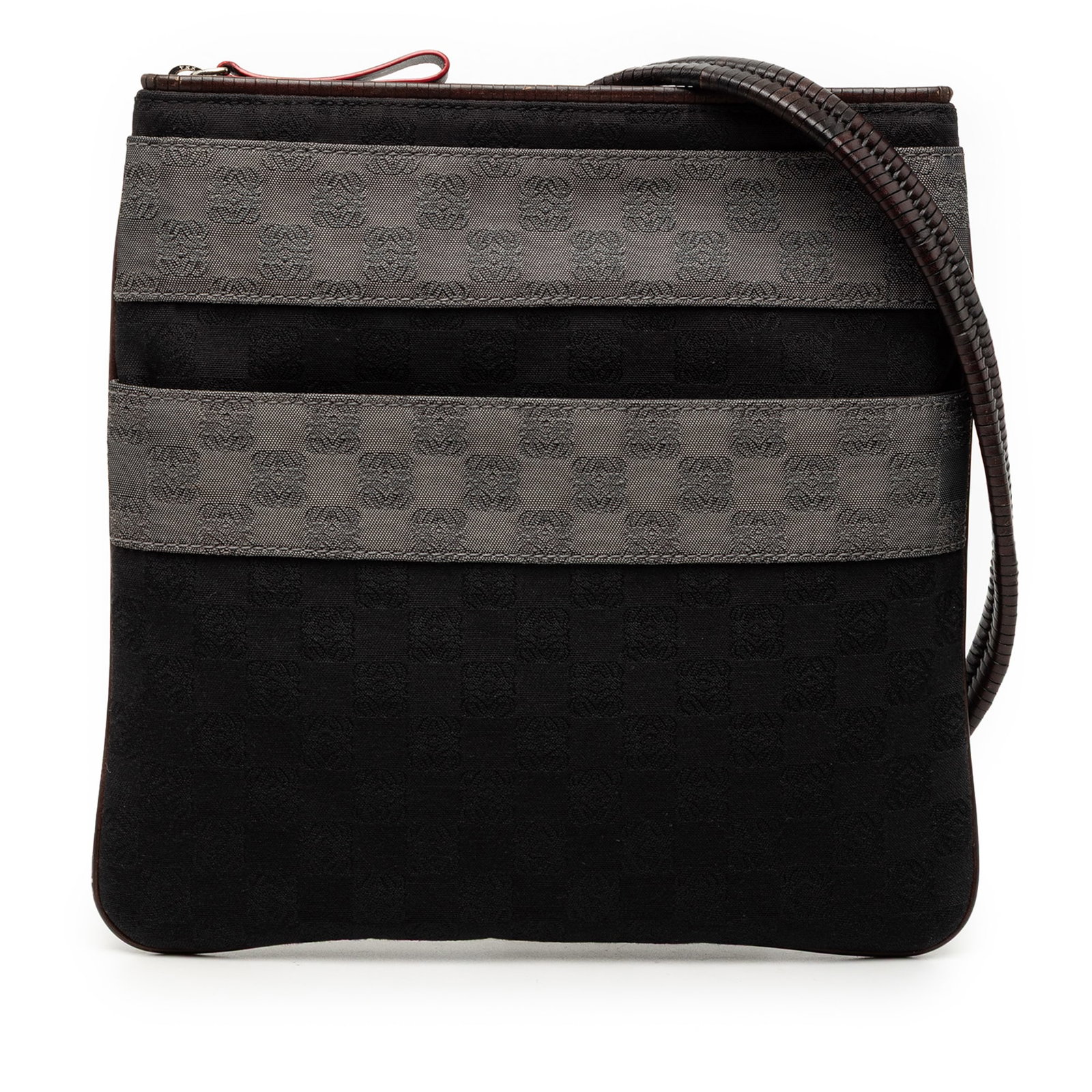 Anagram Canvas Shoulder Bag with Leather Trim by Loewe: Anagram Canvas Shoulder Bag with Leather Trim by Loewe This LOEWE Anagram Canvas Crossbody bag features a canvas body with leather trim, an adjustable flat leather shoulder strap, a top zip closure, a
