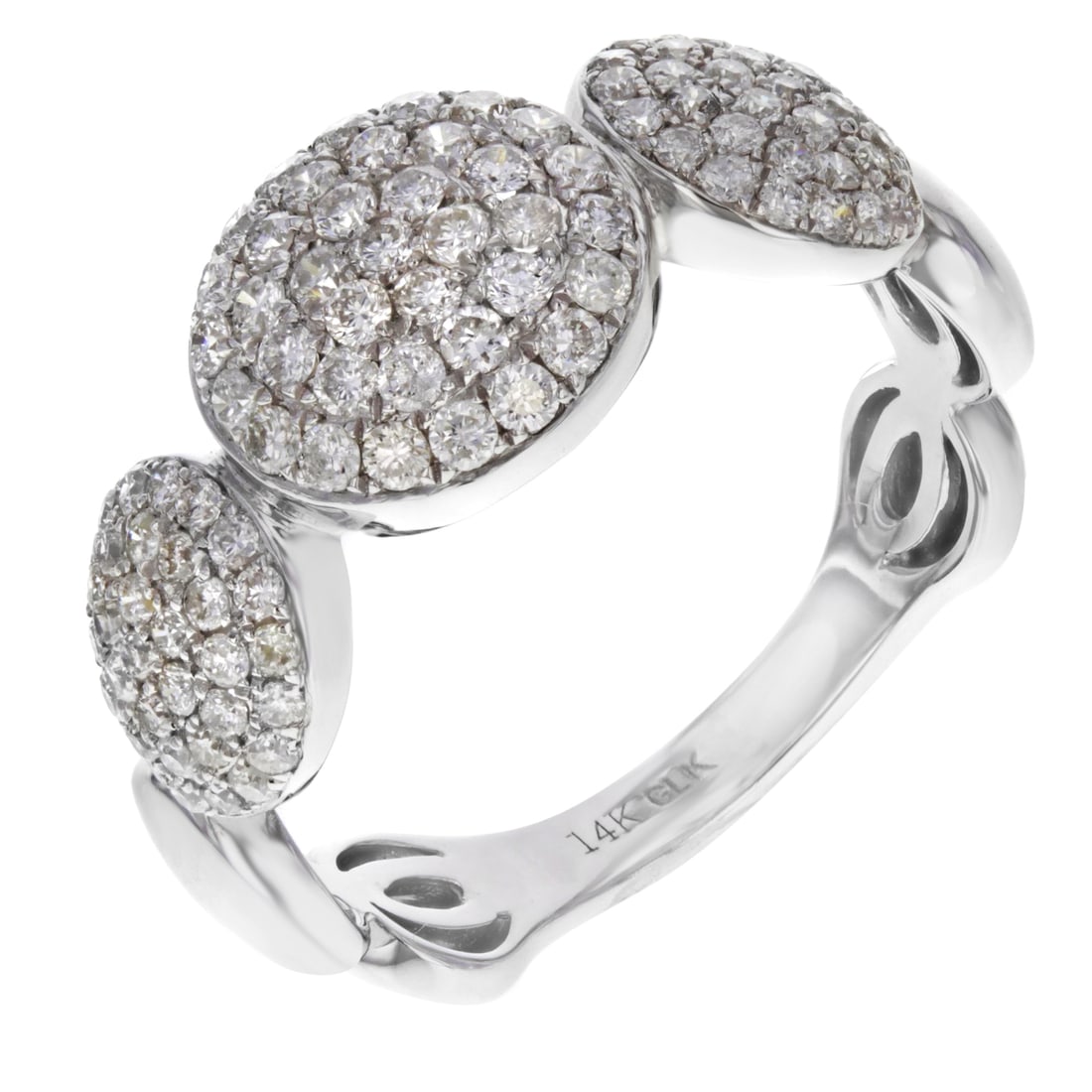 Rachel Koen 14K White Gold Pave Diamond Ring 0.91cttw: Rachel Koen 14K White Gold Pave Diamond Ring 0.91cttw This exquisite Rachel Koen diamond ring features a stunning pave setting adorned with three sparkling domed circles, ensuring impressive finger co