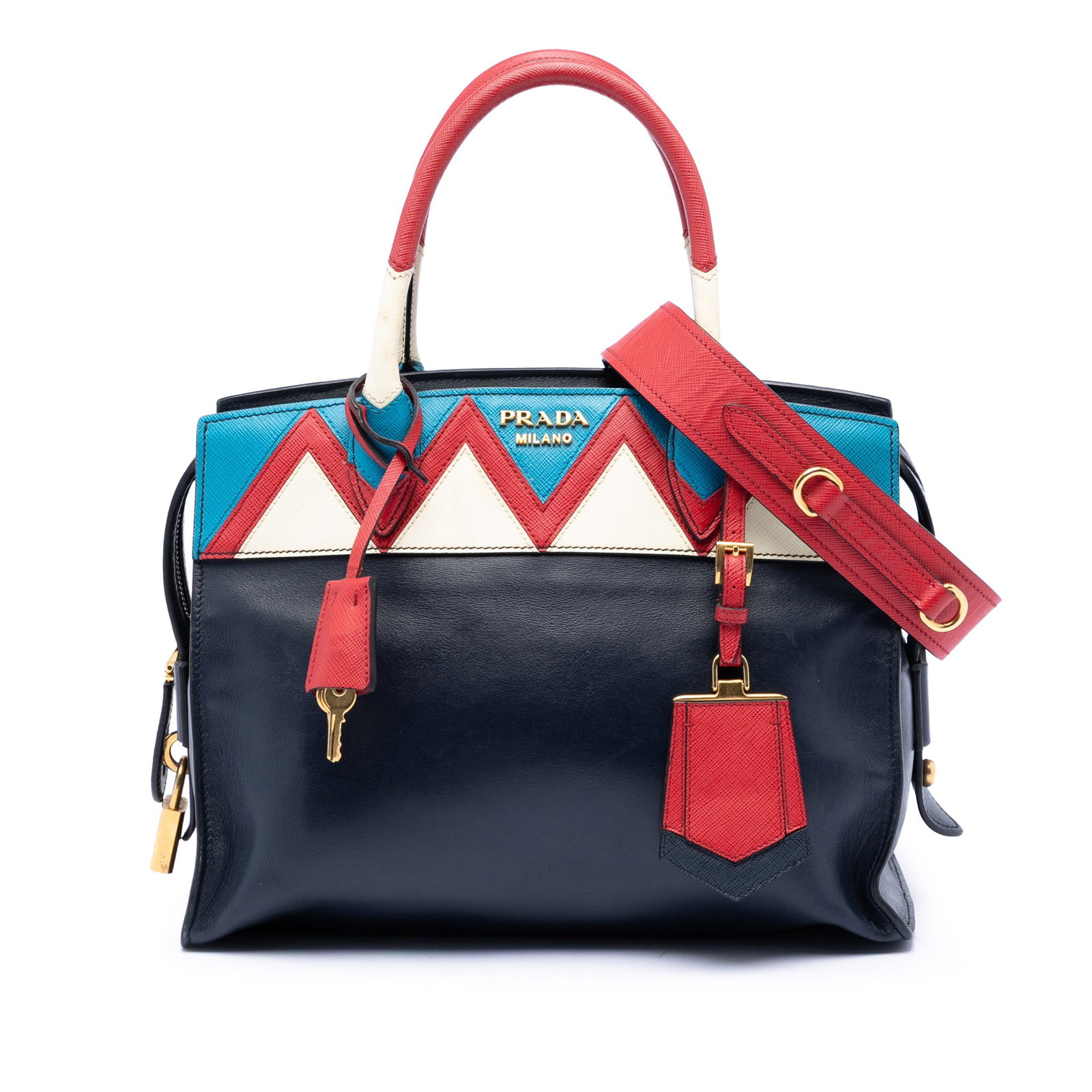 Prada Esplanade Medium Blue Leather Satchel with Saffiano Trim: Prada Esplanade Medium Blue Leather Satchel with Saffiano Trim This Prada Medium Saffiano Trimmed City Calf Greca Esplanade Satchel features a blue leather body with rolled saffiano leather handles, a