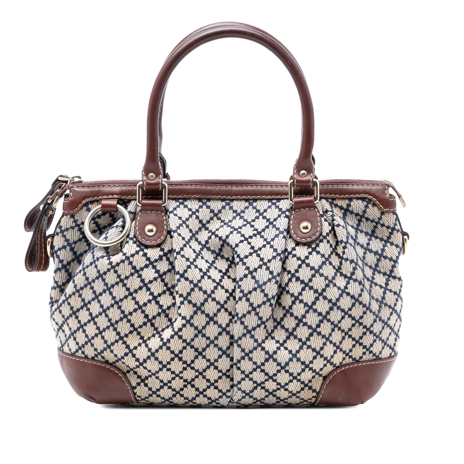 Gucci Sukey Beige Diamante Canvas Satchel with Leather Trim: Gucci Sukey Beige Diamante Canvas Satchel with Leather Trim The Gucci Diamante Canvas Sukey Satchel features a durable canvas body with leather trim, rolled leather handles, a two-way top zip closure,