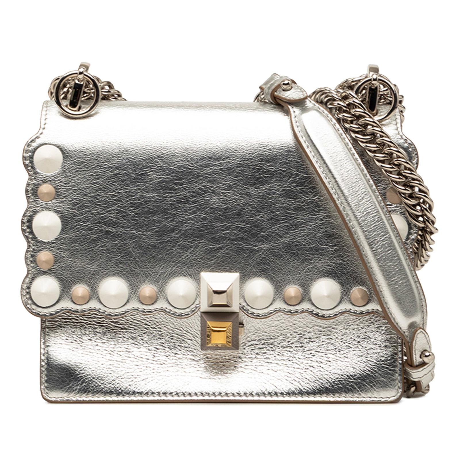 Fendi Kan I Mini Scalloped Leather Crossbody with Pearl Embellishments: Fendi Kan I Mini Scalloped Leather Crossbody with Pearl Embellishments This Fendi Kan I crossbody bag features a leather body with pearl embellishments, a chain link strap with a leather guard, a fron