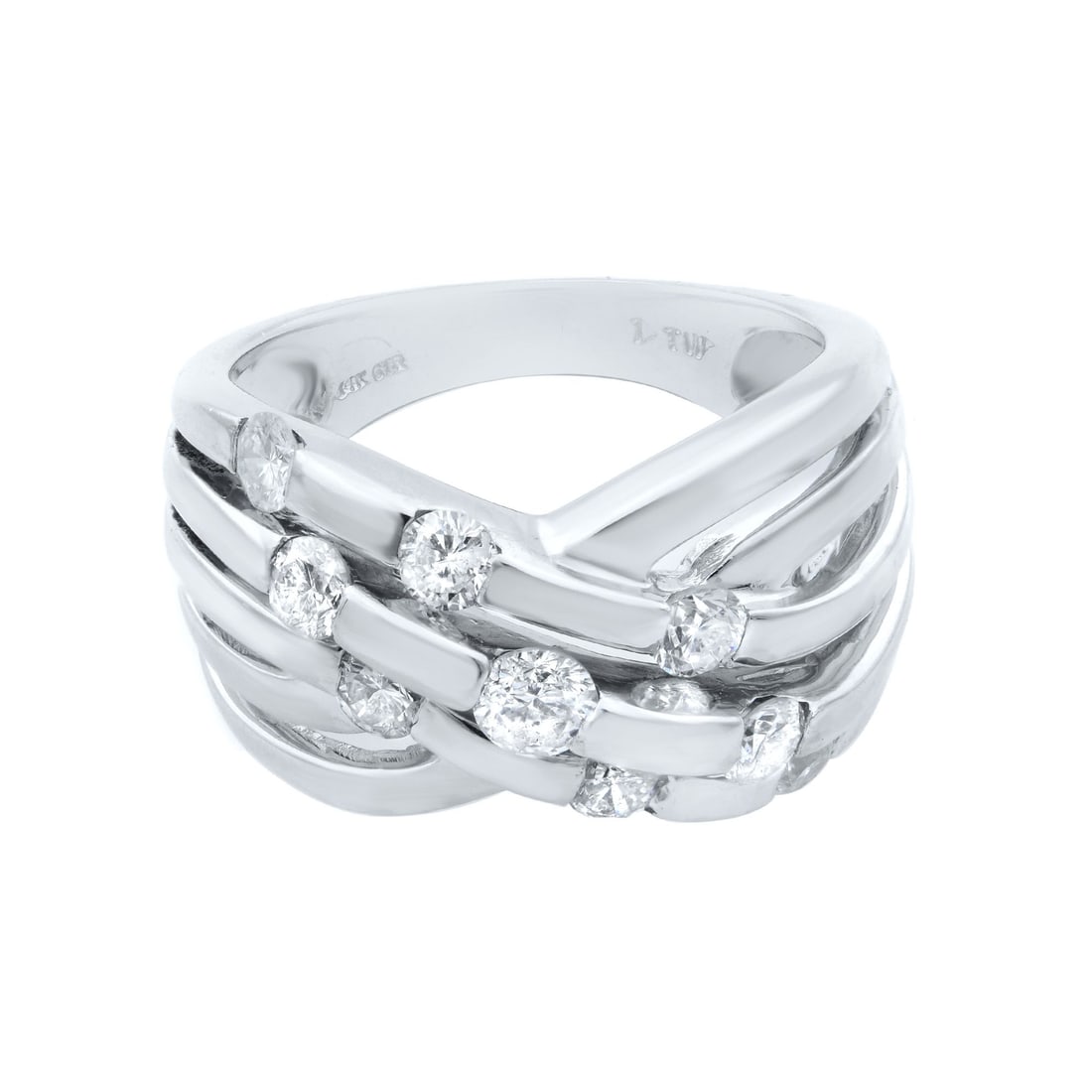 Rachel Koen 14K White Gold Crisscross Diamond Ring 1.00ct Size 7: Rachel Koen 14K White Gold Crisscross Diamond Ring 1.00ct Size 7 This stunning Rachel Koen ring features a wide crisscross design that elegantly wraps around the finger, showcasing sparkling diamonds 