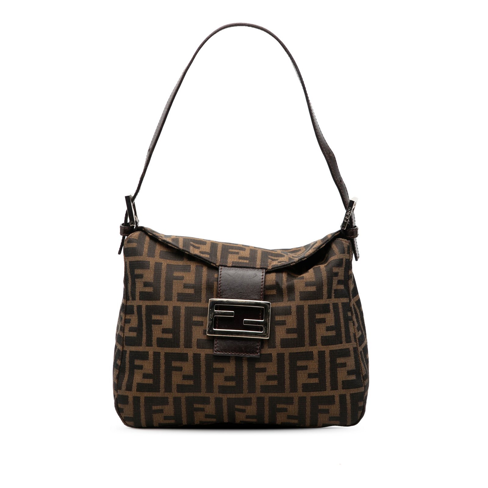 Fendi Zucca canvas double-flap brown shoulder bag: Fendi Zucca canvas double-flap brown shoulder bag This Fendi Zucca Canvas Double Flap Shoulder Bag features a brown canvas body with the iconic Zucca pattern, an adjustable flat leather strap, and a d