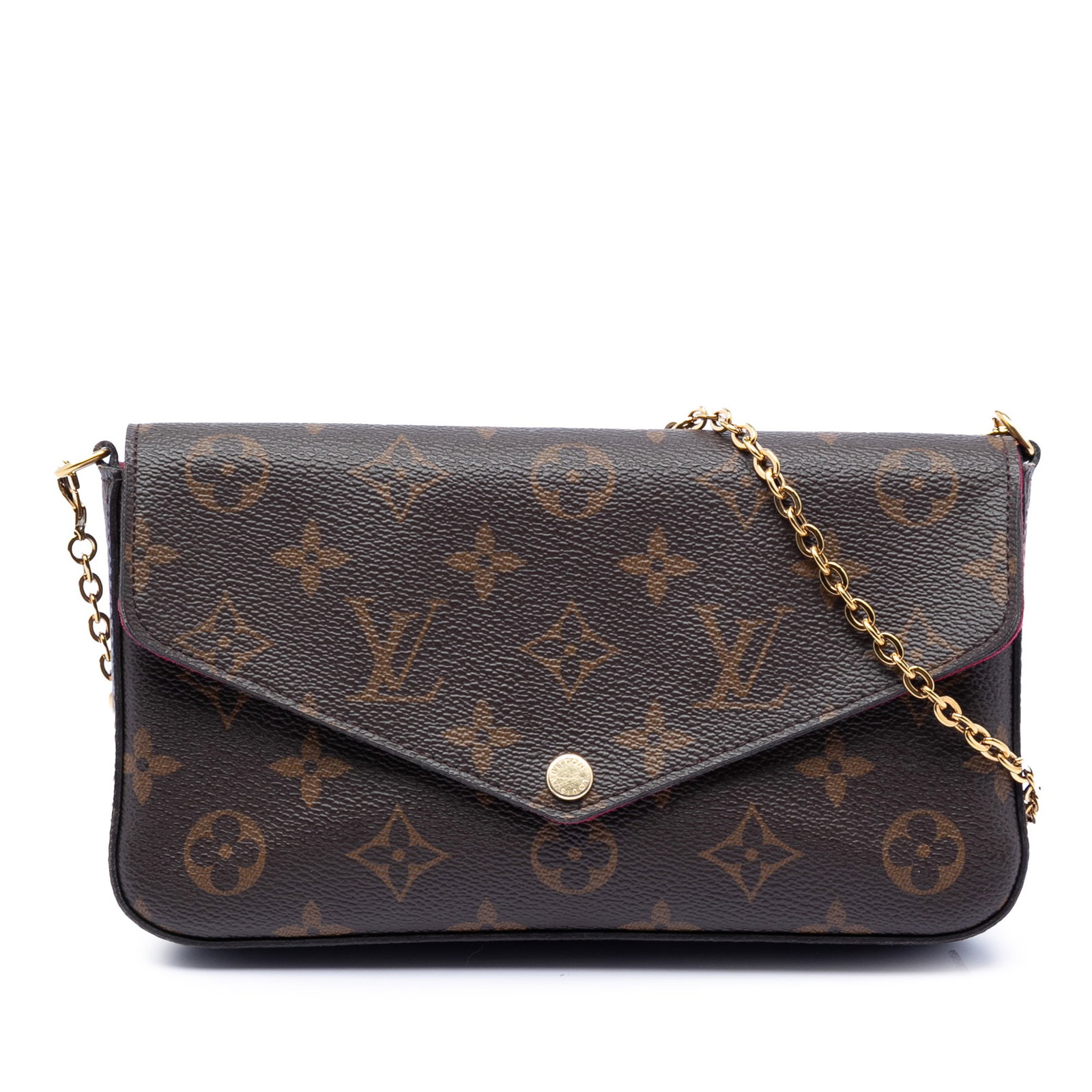 Louis Vuitton Felicie Monogram Canvas Crossbody Bag with Chain Strap: Louis Vuitton Felicie Monogram Canvas Crossbody Bag with Chain Strap The Louis Vuitton Monogram Pochette Felicie is a crossbody bag crafted from monogram canvas with a brown finish. It features a deta