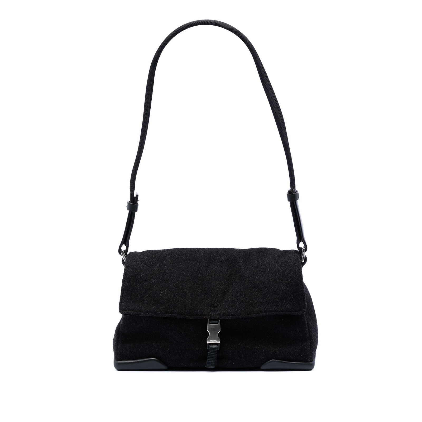 Prada wool flap shoulder bag with mesh details: Prada wool flap shoulder bag with mesh details This Prada Wool Sports Line Shoulder Bag features a wool body with mesh accents, a flat shoulder strap, a front flap with buckle closure, and an exterior