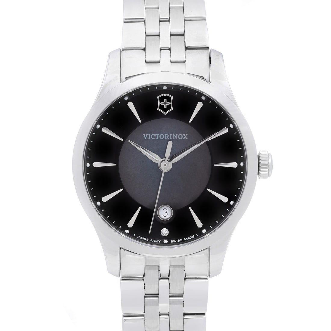 Victorinox Swiss Army Alliance Quartz Watch 35mm Black Dial Steel: Victorinox Swiss Army Alliance Quartz Watch 35mm Black Dial Steel Discover the Victorinox Swiss Army Alliance Small 35mm Steel Black Dial Quartz Watch, a perfect blend of style and functionality. This