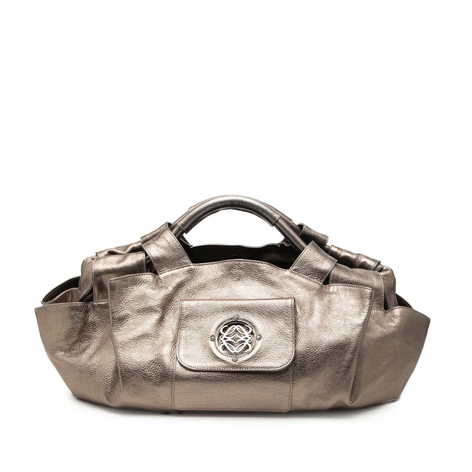 LOEWE Aire Metallic Nappa Leather Tote: LOEWE Aire Metallic Nappa Leather Tote This LOEWE Metallic Nappa Anagram Aire bag features a leather body with rolled leather handles, an open top secured by a magnetic snap closure, an exterior flap 