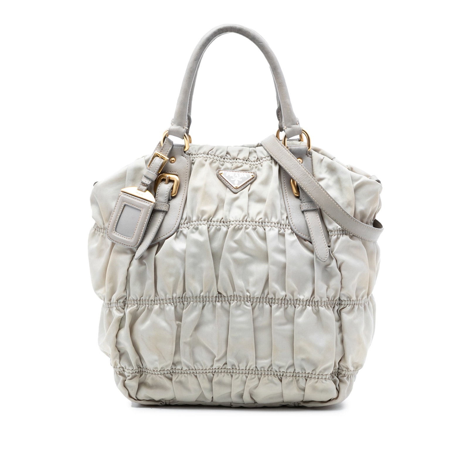 Gray Prada Tessuto Gaufre Gathered Nylon Satchel with Gold Tone Hardware: Gray Prada Tessuto Gaufre Gathered Nylon Satchel with Gold Tone Hardware This Prada Tessuto Gaufre Satchel features a gathered nylon body with gold-tone hardware, rolled leather handles, a detachable 