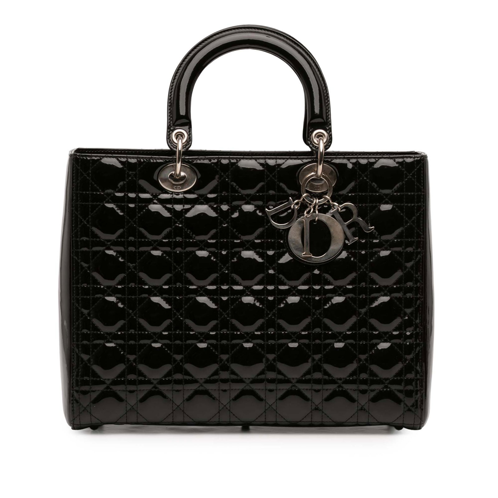 Dior Lady Dior Large Black Patent Cannage Quilted Leather Handbag: Dior Lady Dior Large Black Patent Cannage Quilted Leather Handbag This Lady Dior bag features a quilted patent leather body in black, flat leather top handles, a top zip closure, and an interior zip p