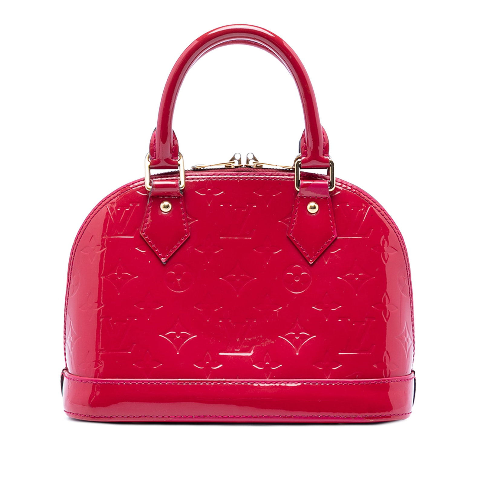 Louis Vuitton Alma BB Pink Vernis Leather Top Handle Bag: Louis Vuitton Alma BB Pink Vernis Leather Top Handle Bag This Louis Vuitton Monogram Vernis Alma BB features a pink monogram vernis leather body with rolled top handles, a top zip closure, and an inte