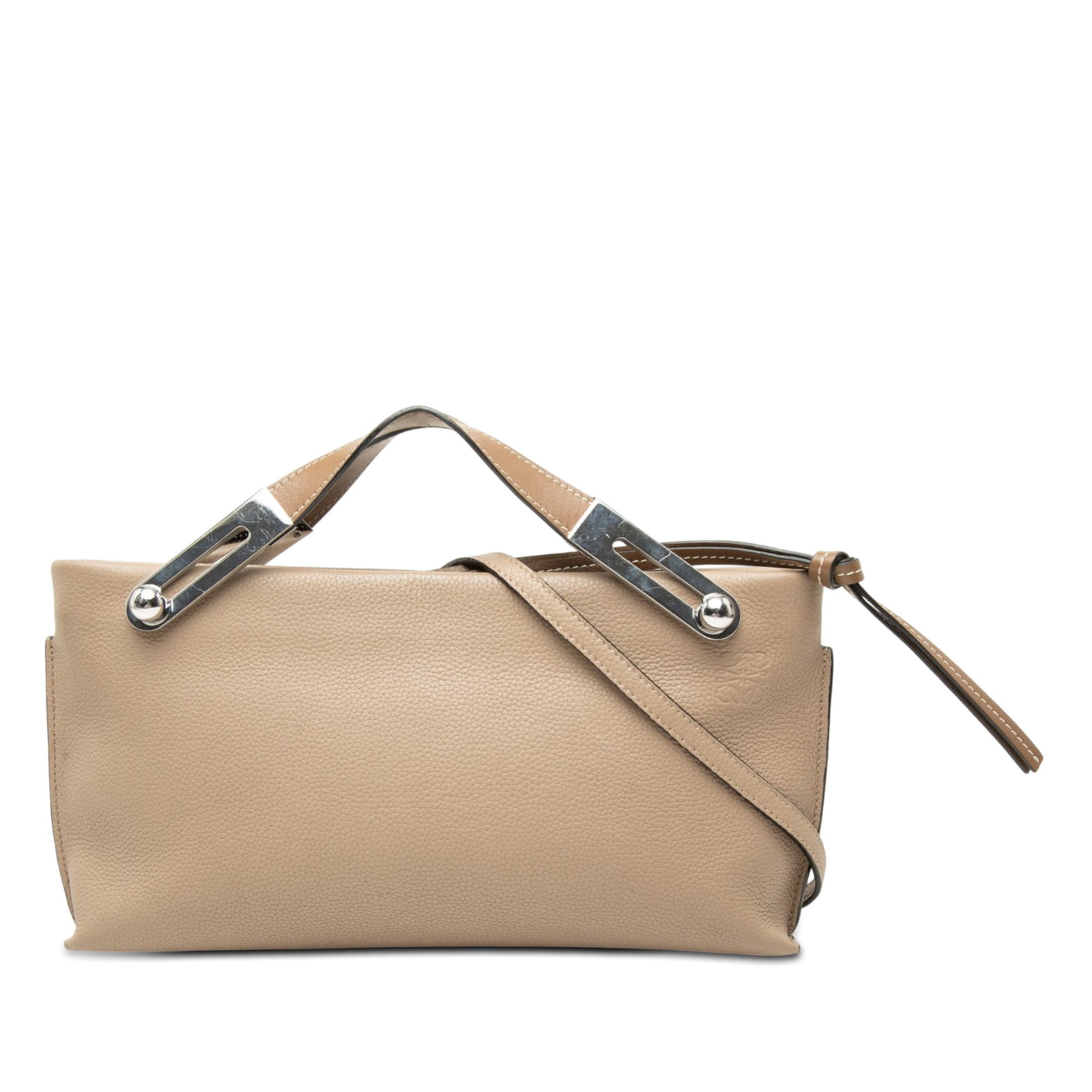 LOEWE Missy Small Satchel in Grained Calfskin Beige: LOEWE Missy Small Satchel in Grained Calfskin Beige This LOEWE Missy satchel is crafted in grained calf leather and finished in a beige color. It features flat leather handles, a detachable flat leath