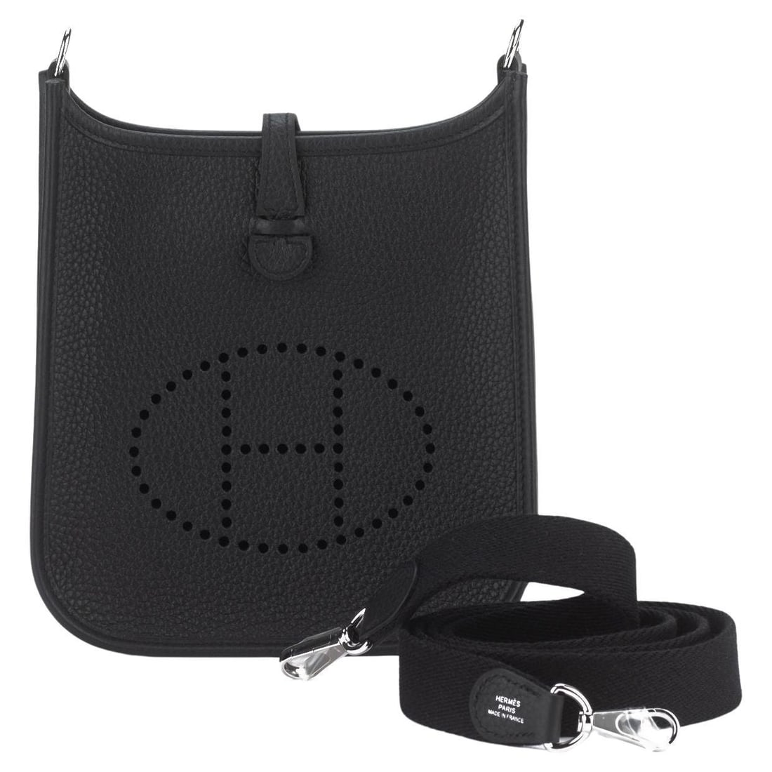Hermes Mini Evelyne Clemence Black Shoulder Bag with Palladium Hardware: Hermes Mini Evelyne Clemence Black Shoulder Bag with Palladium Hardware The Hermes Mini Evelyne Clemence in black is a chic and timeless shoulder bag, perfect for any occasion. This classic crossbody 