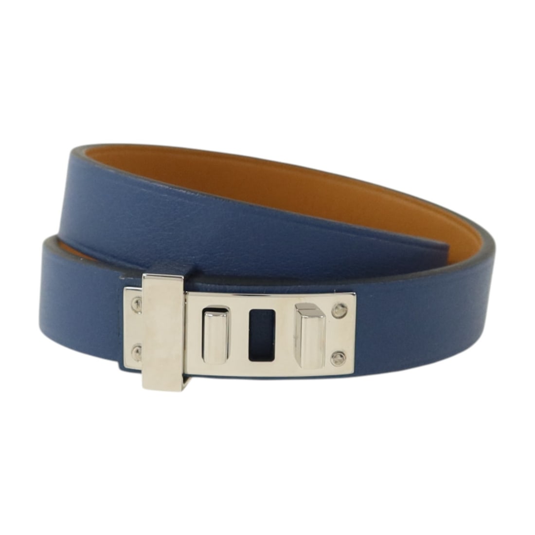 Hermes Mini Dog Double Tour Swift Leather Bracelet Bleu Brighton PHW: Hermes Mini Dog Double Tour Swift Leather Bracelet Bleu Brighton PHW Hermes Mini Dog Double Tour bracelet/bangle in Swift leather, presented in Bleu Brighton blue. It features a double tour style and 