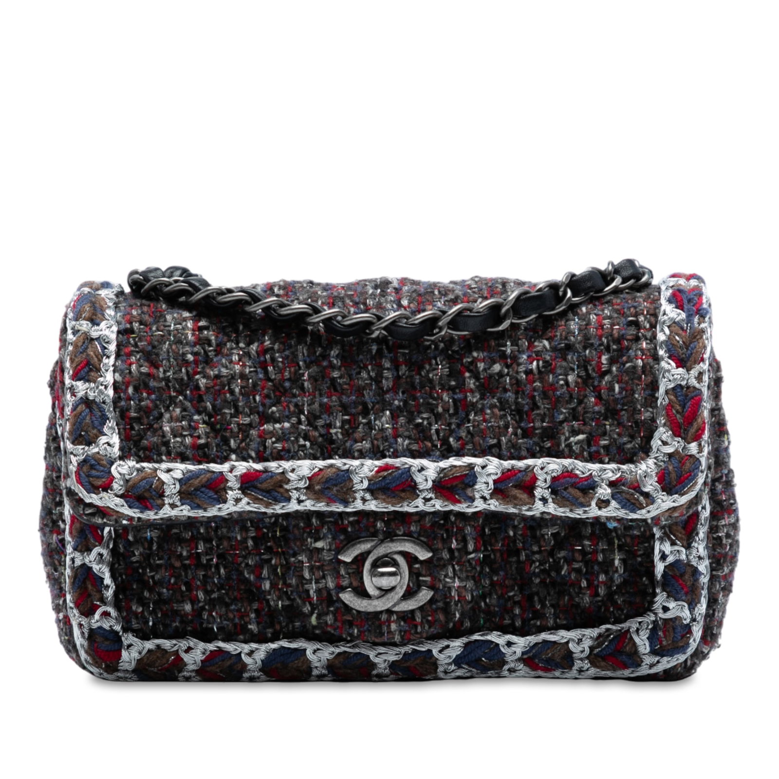 Chanel Mini Rectangular Classic Tweed Flap Crossbody Bag: Chanel Mini Rectangular Classic Tweed Flap Crossbody Bag This Chanel Mini Rectangular Classic Tweed Braided Single Flap crossbody bag is a stylish accessory crafted from a durable tweed body. It featu