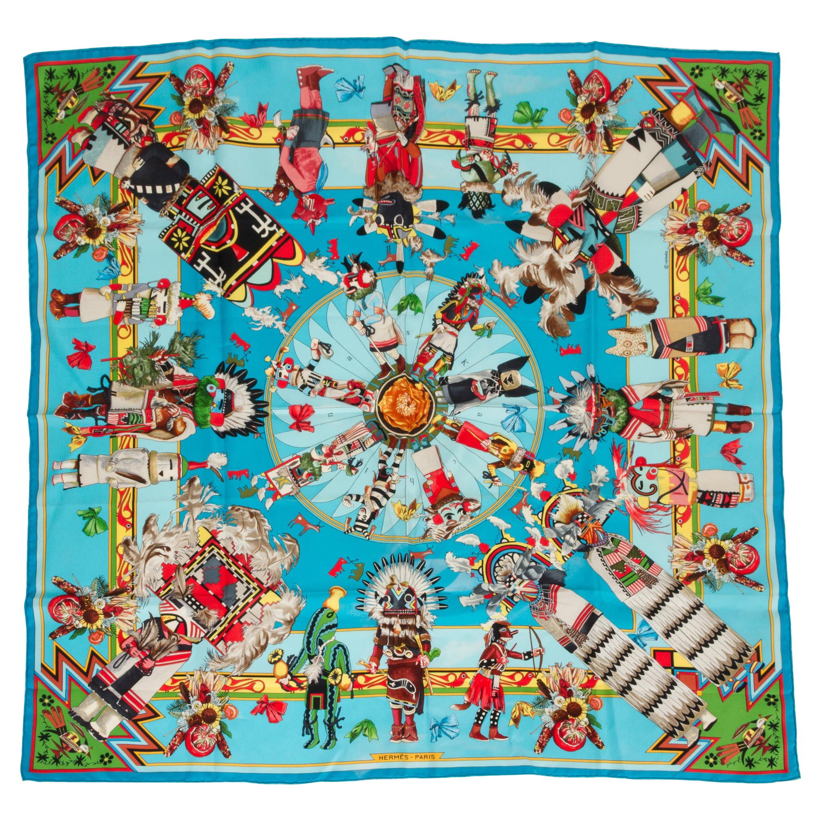 Hermes Kachinas Turquoise Silk Scarf by Kermit Oliver 35 x 35: Hermes Kachinas Turquoise Silk Scarf by Kermit Oliver 35 x 35 Discover this exquisite Hermes Kachinas silk scarf in a stunning turquoise hue, designed by renowned artist Kermit Oliver. This signature 