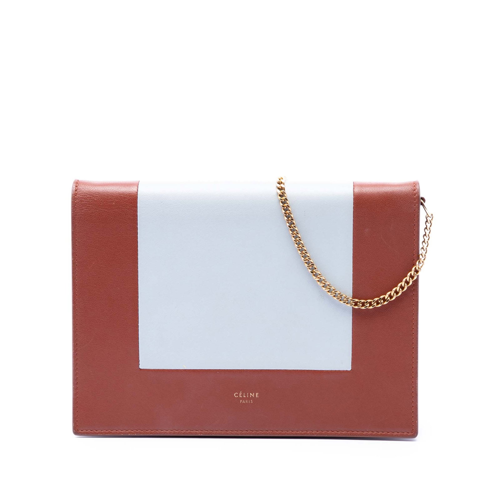 Celine Leather Frame Wallet Chain Crossbody Bag Brown: Celine Leather Frame Wallet Chain Crossbody Bag Brown Celine Leather Frame Wallet on Chain in brown leather with a chain link strap and front flap snap closure. The interior includes zip and slip pock