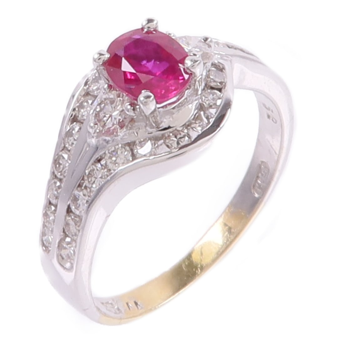 18K White Gold Ruby Diamond Ring US Size 4.75: 18K White Gold Ruby Diamond Ring US Size 4.75 Ruby and diamond ring in 18K white gold, presented in a US size 4.75. The ring features a red and clear color combination with a motif measuring 4 mm x 5 