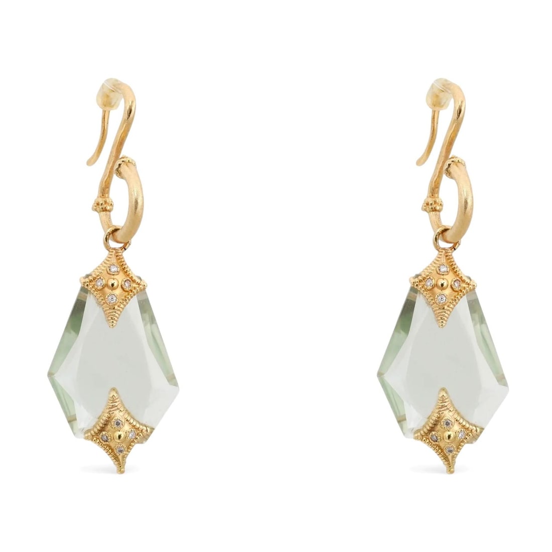 18k Yellow Gold Armenta Drop Earrings Featuring Diamonds and Green Crystal: 18k Yellow Gold Armenta Drop Earrings Featuring Diamonds and Green Crystal These Armenta Crivelli drop earrings feature round cut natural white diamonds set in a pave style, accented by a prominent gr