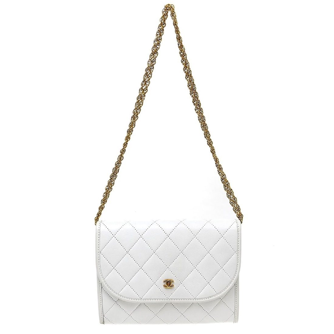 CHANEL Quilted White Lambskin Shoulder Bag with Double Chain: CHANEL Quilted White Lambskin Shoulder Bag with Double Chain Chanel white quilted shoulder bag in lambskin with a double chain shoulder strap and canvas lining. Made in France, this medium bag include
