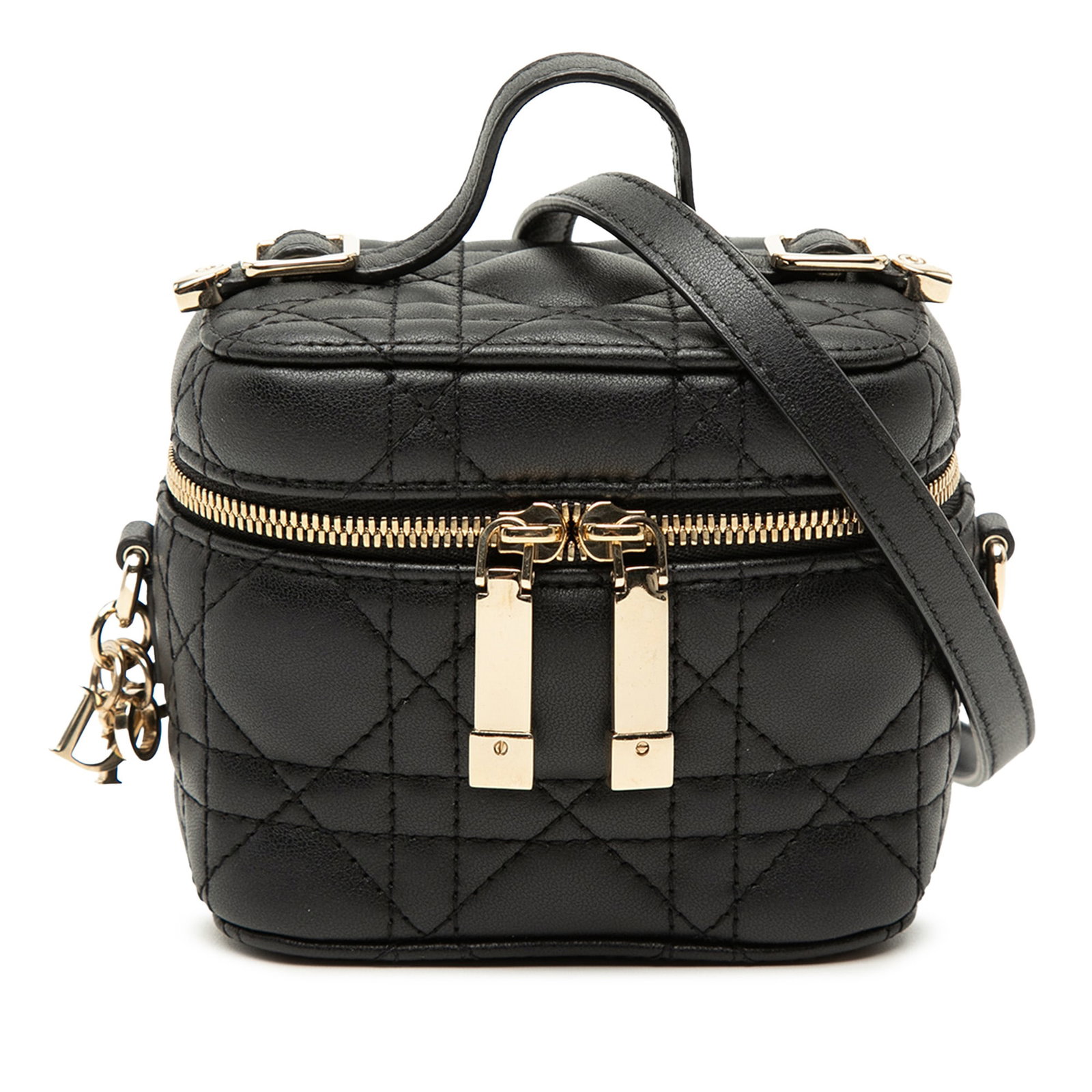 Dior Lady Dior Micro Cannage Lambskin Vanity Bag Black: Dior Lady Dior Micro Cannage Lambskin Vanity Bag Black This Lady Dior micro vanity case is crafted in black quilted lambskin leather with the Cannage pattern. It features a flat top handle, a detachab