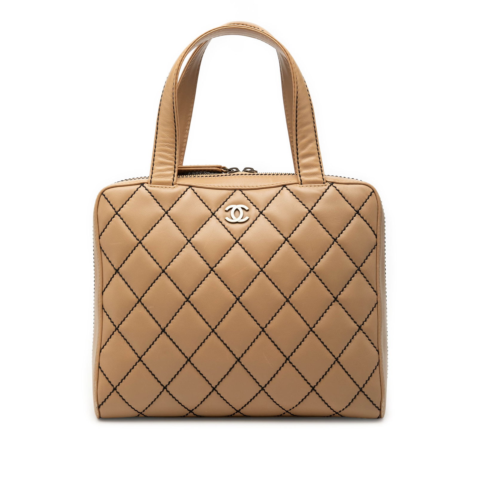 Chanel Wild Stitch CC Lambskin Leather Zip Tote Bag: Chanel Wild Stitch CC Lambskin Leather Zip Tote Bag Chanel CC Wild Stitch handbag crafted in quilted beige lambskin leather. This handbag features flat leather handles, a top zip closure, an exterior 