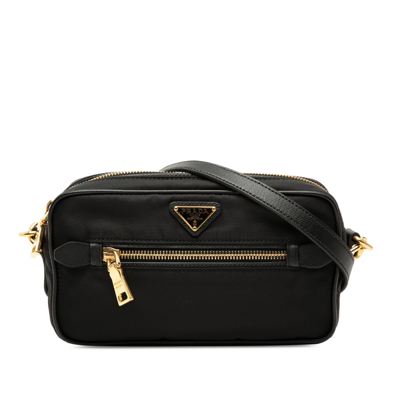 Prada Tessuto Nylon Crossbody Bag with Front Zip Pocket: Prada Tessuto Nylon Crossbody Bag with Front Zip Pocket Prada Small Tessuto Front Pocket Camera Bag in black fabric with a compact crossbody design. It features an adjustable and detachable shoulder s