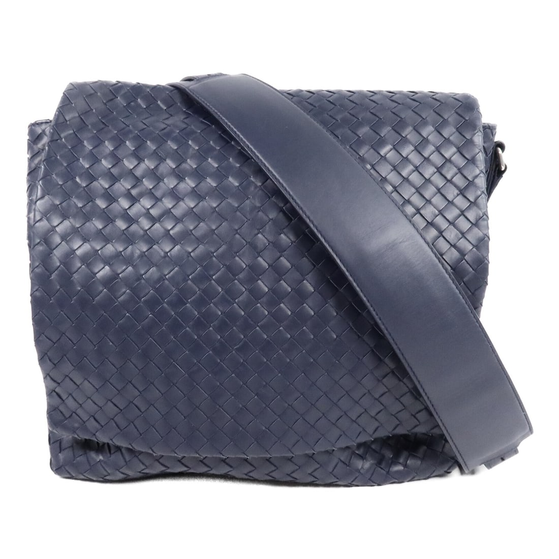 Bottega Veneta Navy Calfskin Shoulder Crossbody Bag with SHW: Bottega Veneta Navy Calfskin Shoulder Crossbody Bag with SHW A BOTTEGA VENETA crossbody shoulder bag in navy calfskin leather. It features a magnetic pocket, two open interior pockets, and two interio