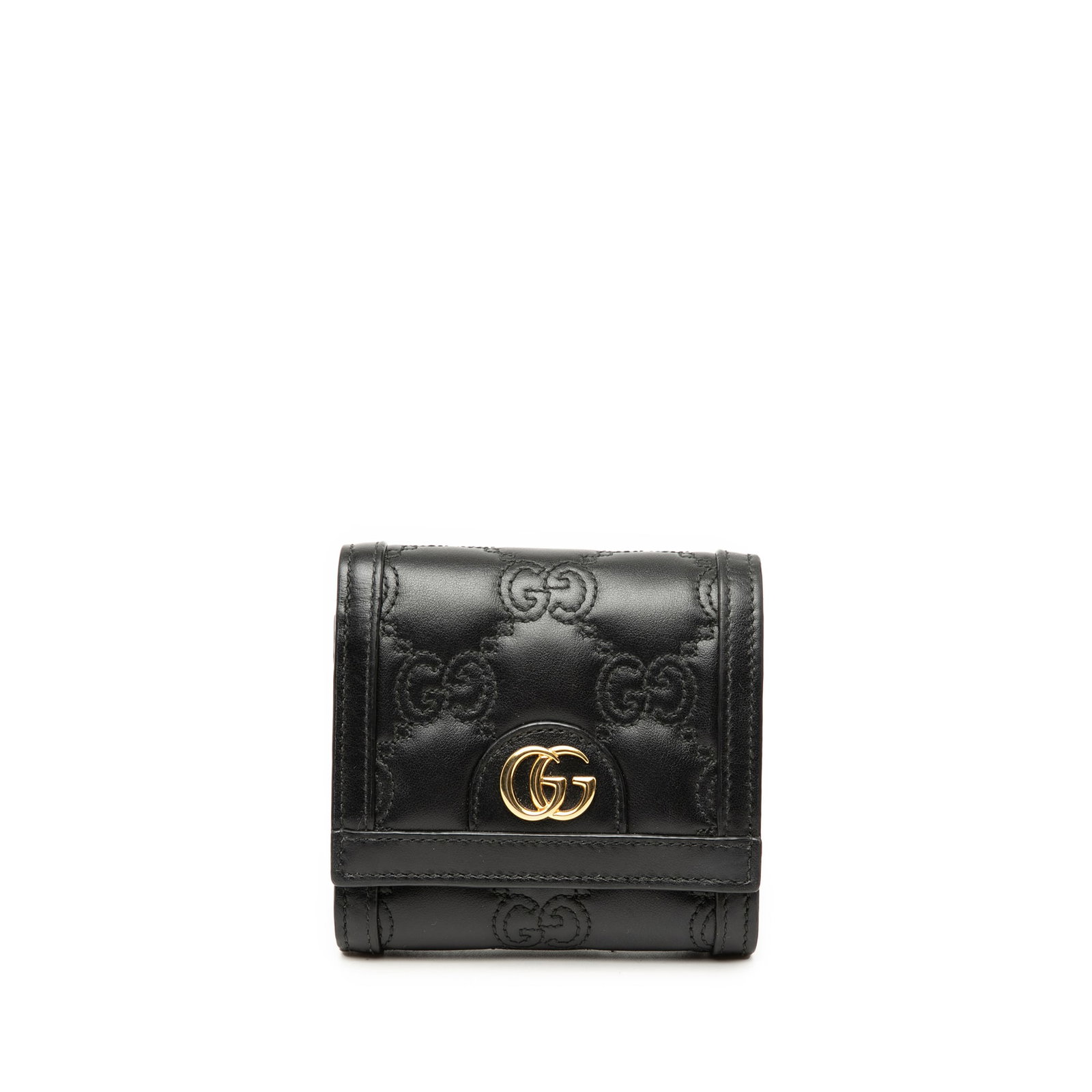 Gucci black quilted leather flap card case wallet: Gucci black quilted leather flap card case wallet This Gucci GG Matelasse Calfskin Card Case Wallet is crafted from quilted leather in black and features a front flap with a magnetic button closure. T