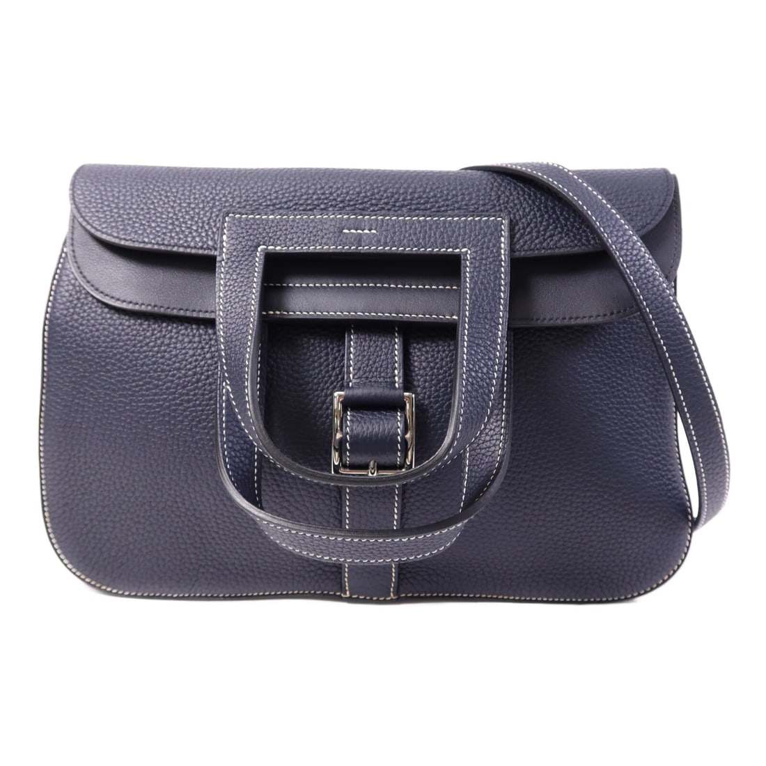 Hermes Halzan 31 Clemence 2 Way Shoulder Bag Bleu Nuit PHW: Hermes Halzan 31 Clemence 2 Way Shoulder Bag Bleu Nuit PHW Hermes Halzan 31 2 Way Shoulder Bag in Bleu Nuit, made in France. It is crafted from Taurillon Clemence and calfskin (cowhide) with blue exte