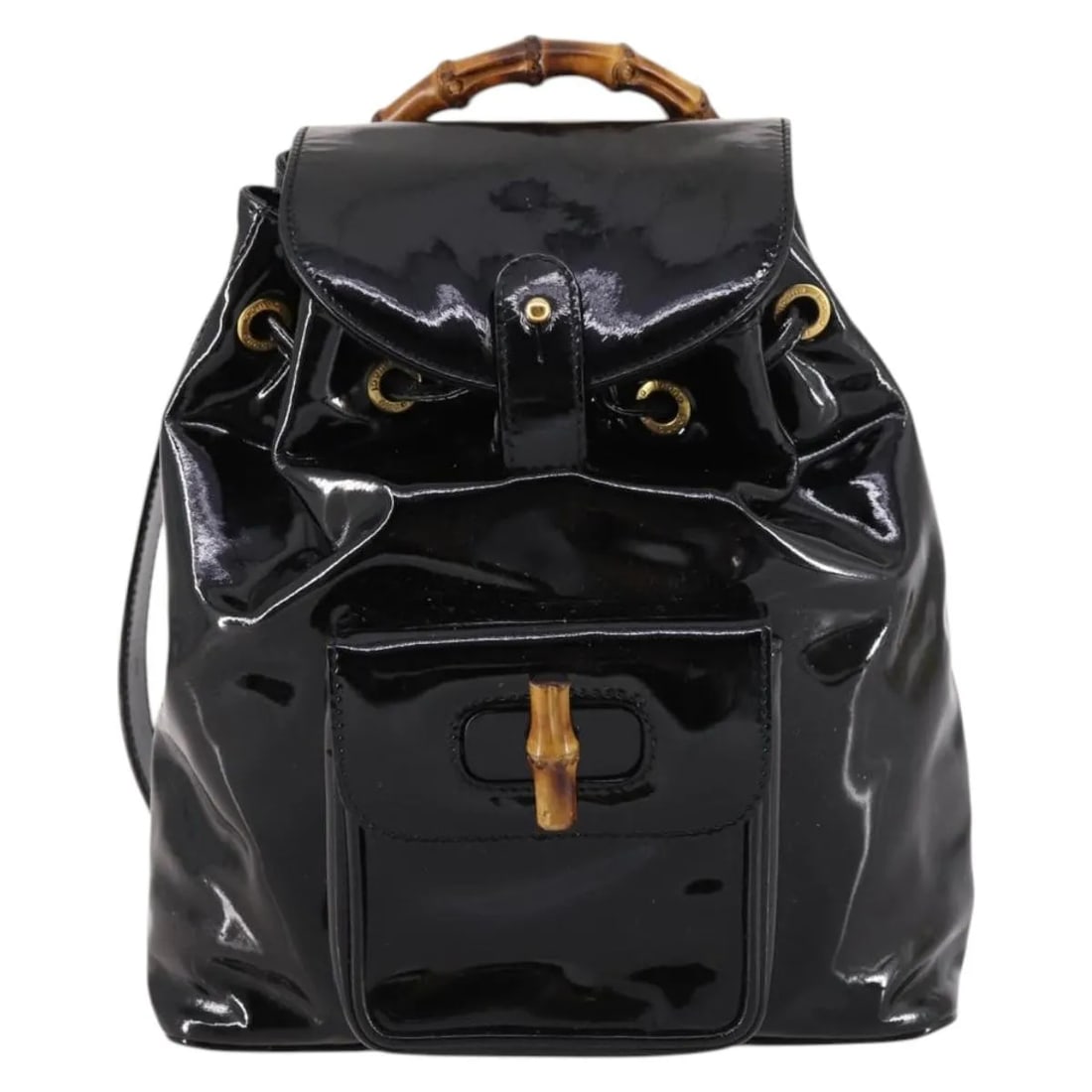 Gucci Vintage Bamboo black patent leather backpack: Gucci Vintage Bamboo black patent leather backpack This Gucci Vintage Bamboo Backpack for women is crafted from black patent leather, featuring the iconic bamboo handle. The bag shows signs of wear in