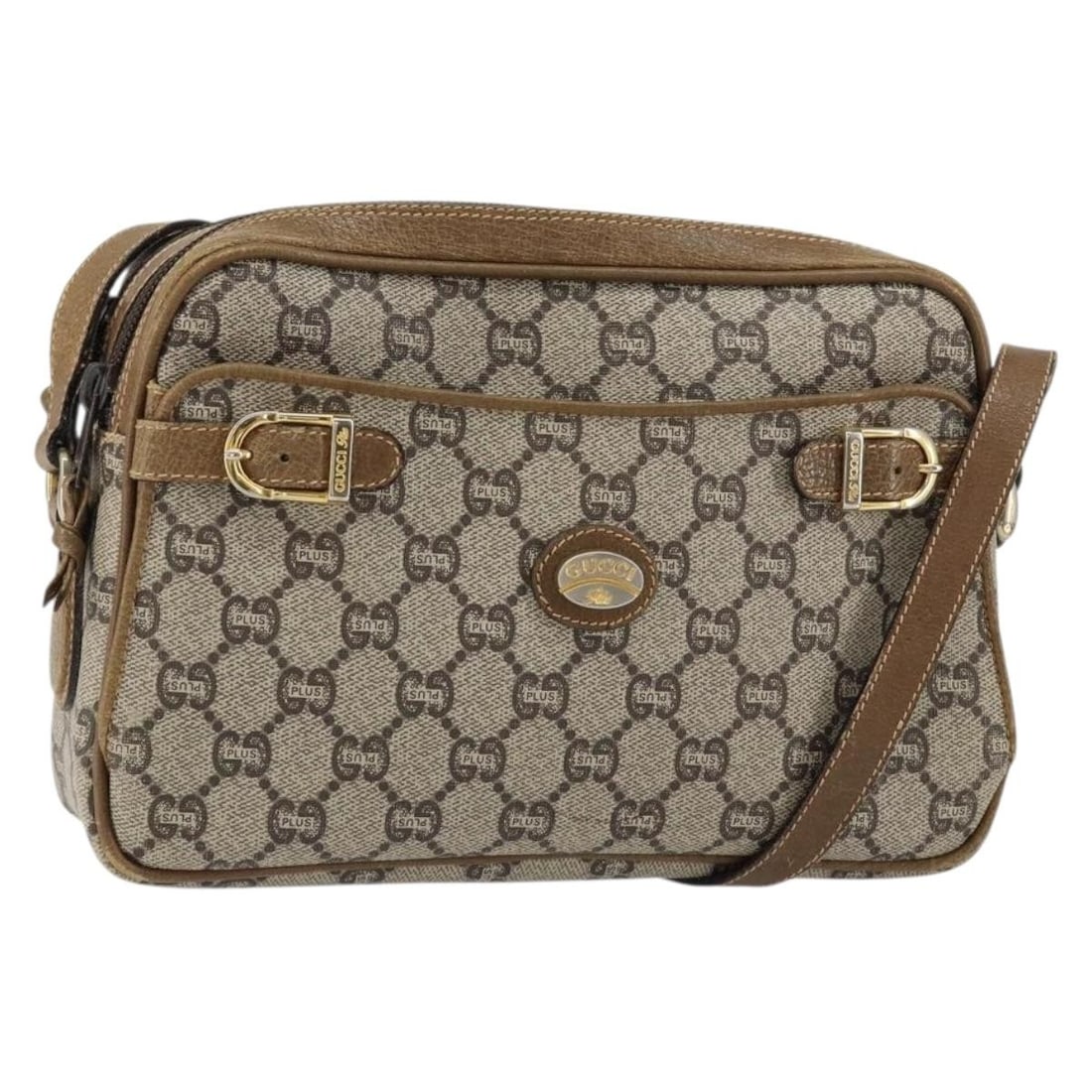 GUCCI GG Plus Supreme Shoulder Bag Beige Gold PVC Italy: GUCCI GG Plus Supreme Shoulder Bag Beige Gold PVC Italy This GUCCI GG Plus Supreme Shoulder Bag, crafted in Italy, showcases the iconic GG Canvas in a sophisticated beige and gold color combination. D