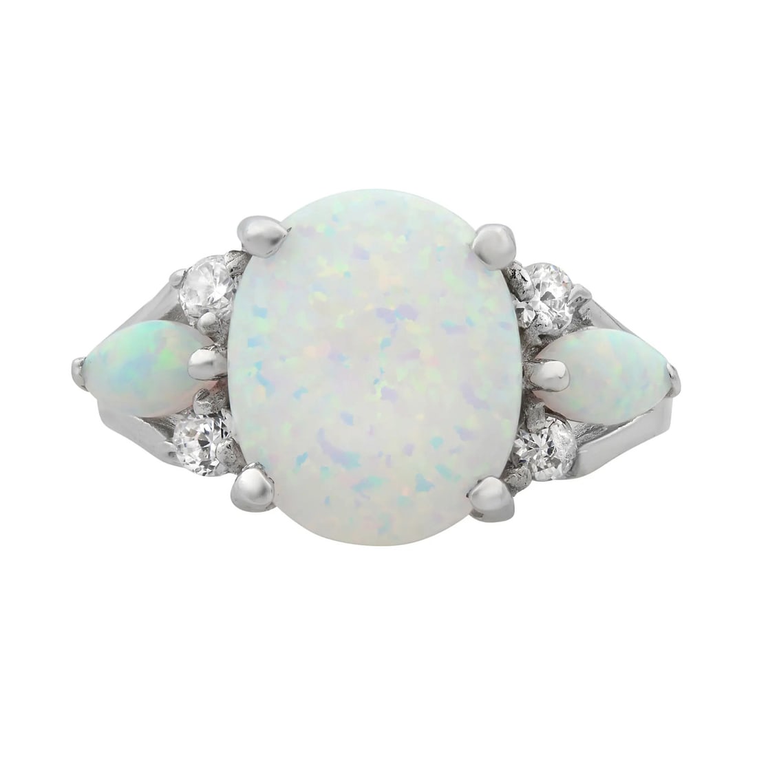Rachel Koen 14K White Gold Opal Cocktail Ring with Cubic Zirconia Size 7.25: Rachel Koen 14K White Gold Opal Cocktail Ring with Cubic Zirconia Size 7.25 Illuminate your style with this stunning Rachel Koen ring featuring a captivating oval-shaped cabochon opal, elegantly set i