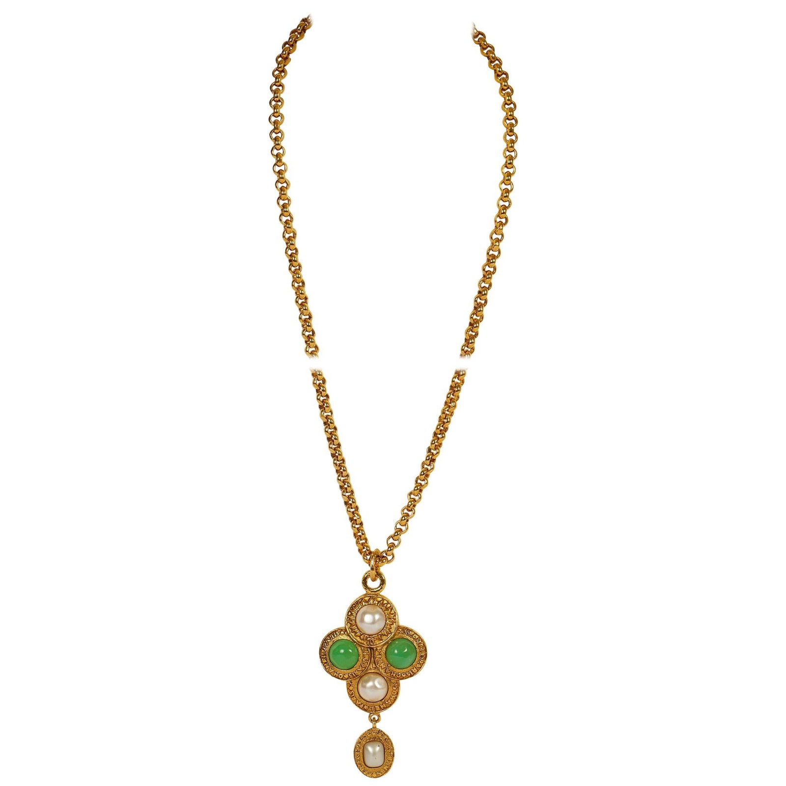 1990's Chanel Green Gripoix Pendant Necklace by Victoire de Castellaine: 1990's Chanel Green Gripoix Pendant Necklace by Victoire de Castellaine Discover the elegance of this 1990's Vintage Chanel Green Gripoix Pendant Necklace, a stunning piece from Collection 28 designed