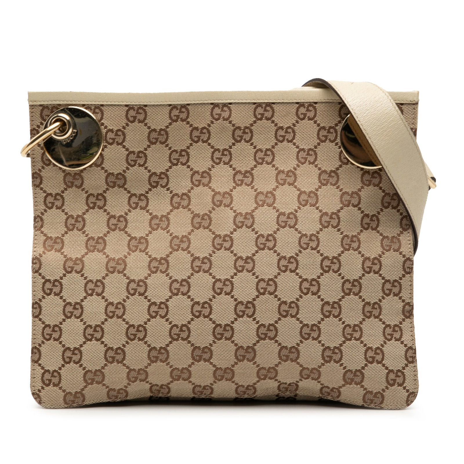 Gucci GG Canvas Eclipse Beige Crossbody Bag with Leather Trim: Gucci GG Canvas Eclipse Beige Crossbody Bag with Leather Trim This Gucci GG Canvas Eclipse Crossbody features a beige canvas body with leather trim, an adjustable flat leather strap, a top magnetic cl