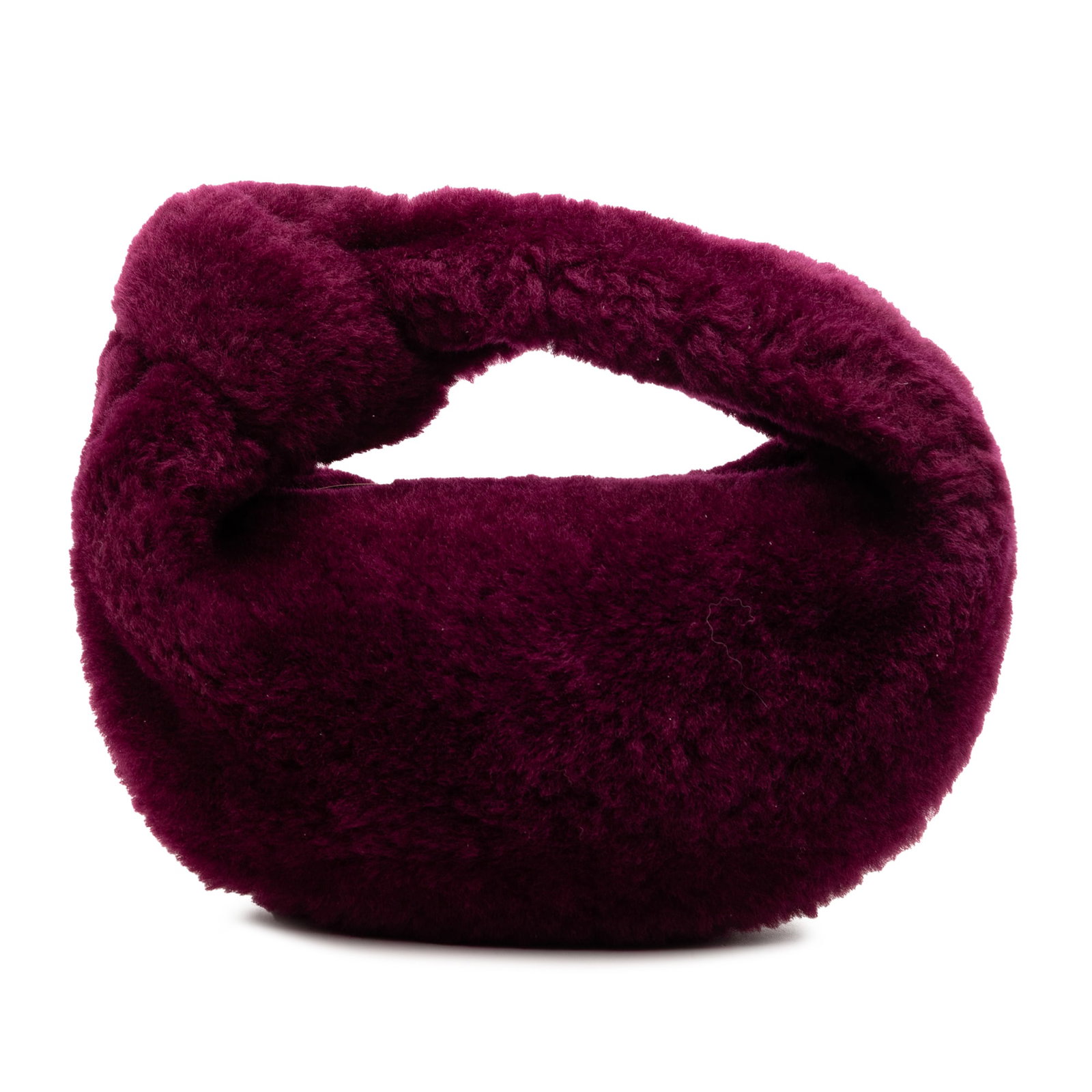 Shearling Mini Jodie Purple Bag by Bottega Veneta with Knotted Handle: Shearling Mini Jodie Purple Bag by Bottega Veneta with Knotted Handle This Mini Jodie bag features a shearling body with a distinctive knotted shearling handle and a top zip closure. The bag is finish