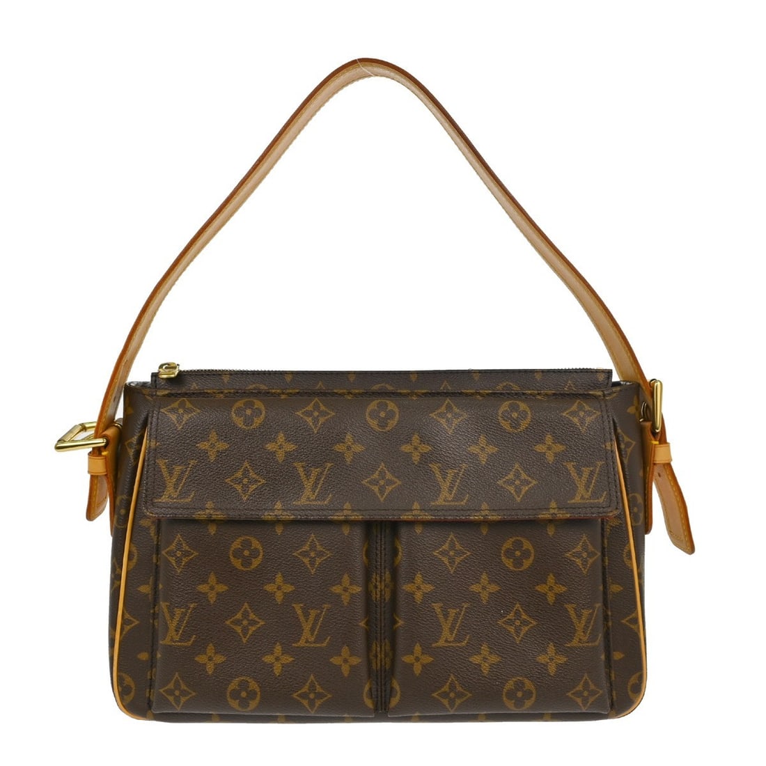 Louis Vuitton Viva Cite GM Monogram Shoulder Bag M51163: Louis Vuitton Viva Cite GM Monogram Shoulder Bag M51163 Vintage Louis Vuitton Viva Cite GM handbag in brown Monogram canvas with leather trim and a red Alcantara lining. This women's shoulder bag feat