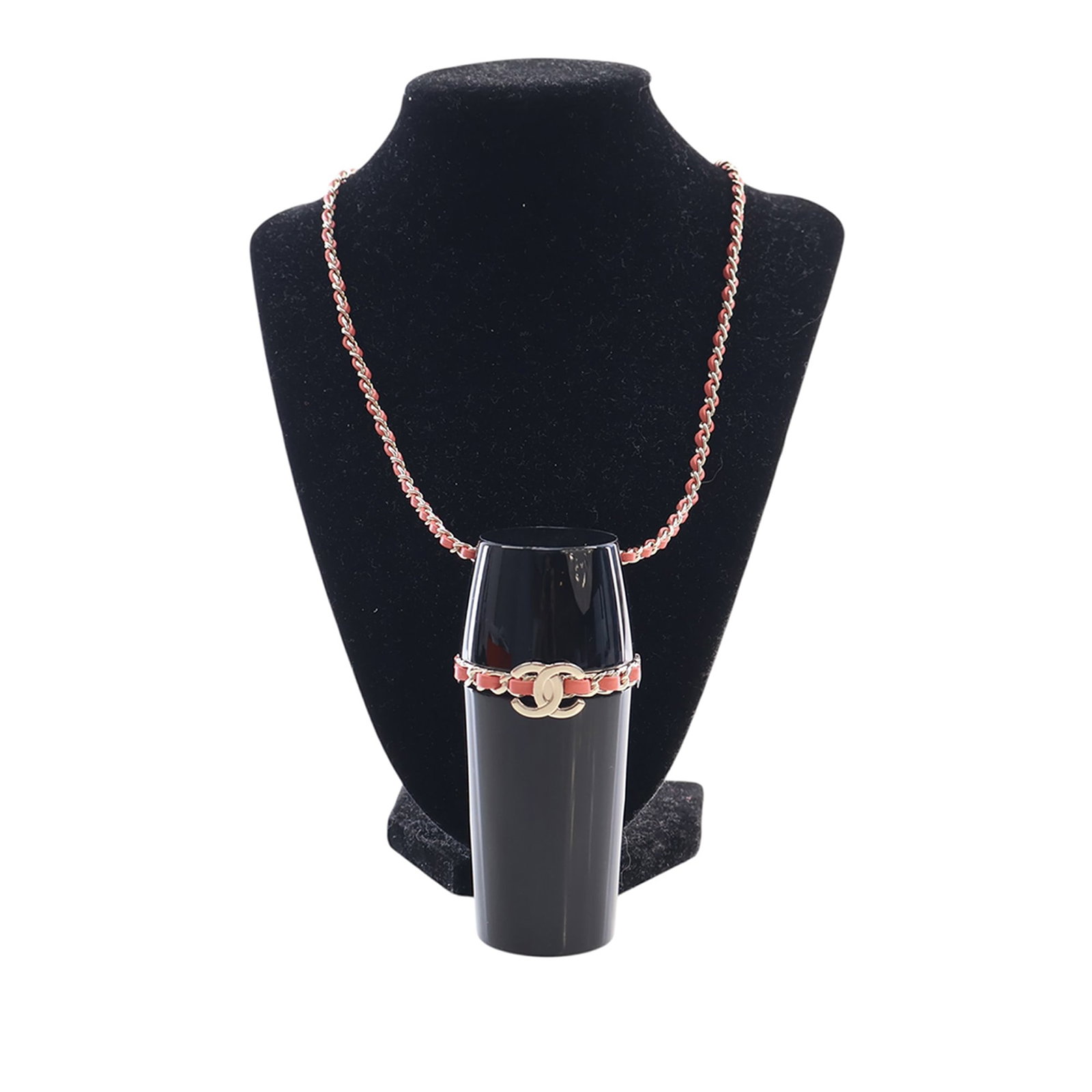 Chanel Lucite Chain Lipstick Case Black Plastic France: Chanel Lucite Chain Lipstick Case Black Plastic France A Chanel Lucite Lipstick Case On Chain in black, made with a Lucite body and a leather woven chain link strap. It features a top flap with a push